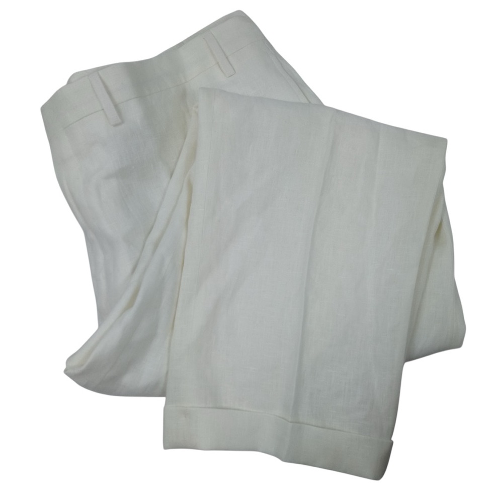 Paul Fredrick Ivory Linen Tailored Fit Flat Front Cuffed Pants Size 46x30